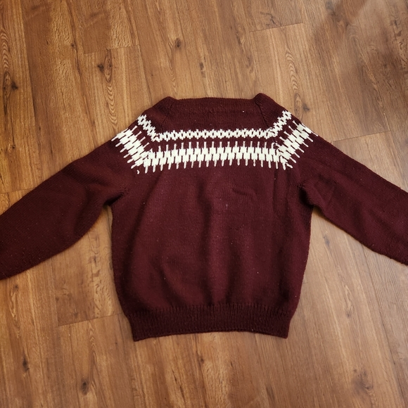 Hand Knit Unisex Pullover Sweater,  Cranberry with White Fair Isle Design - Picture 7 of 7